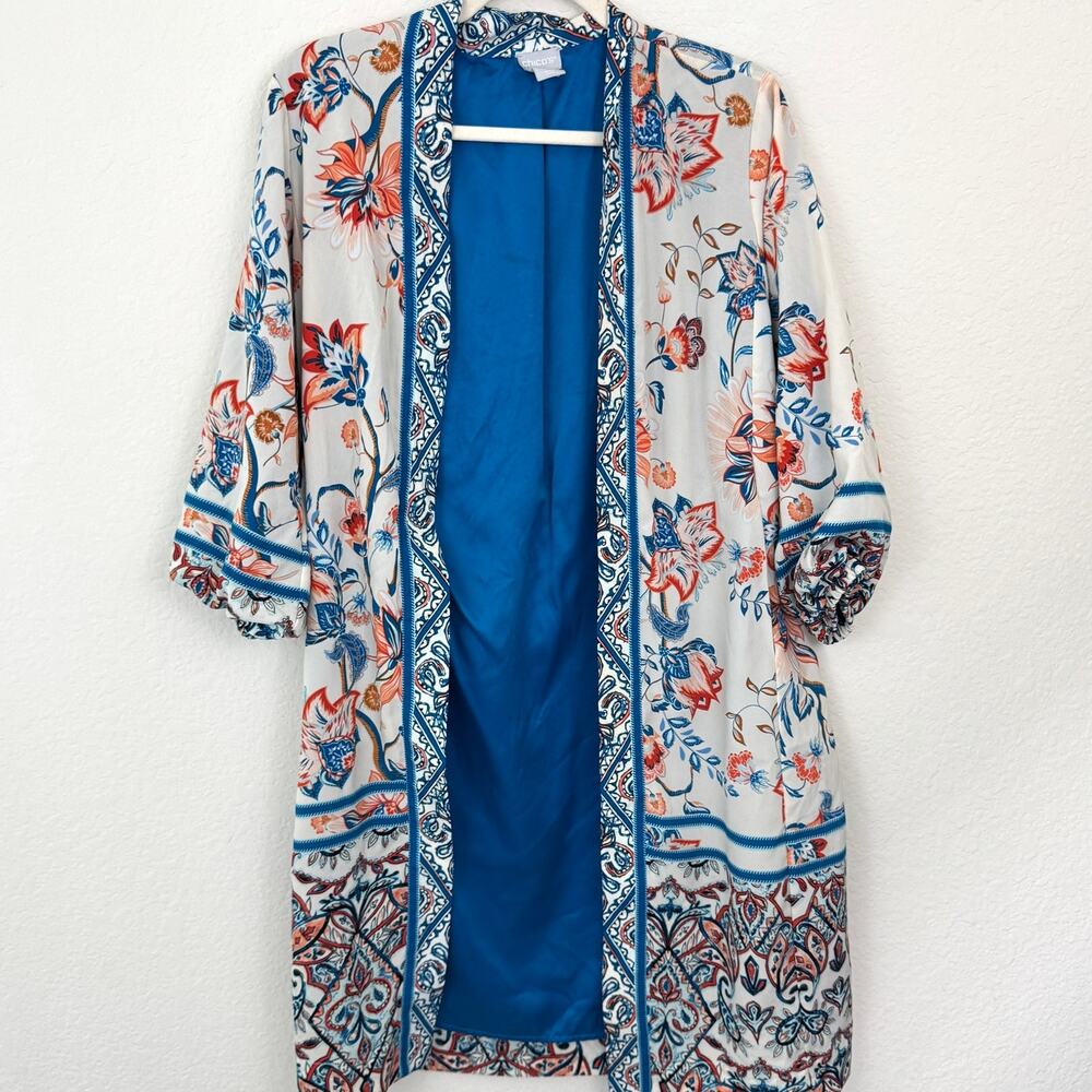 Chico's Womens Patched Kimono Duster Jacket Sz US 4 Floral ASO DOOL Rising Bloom